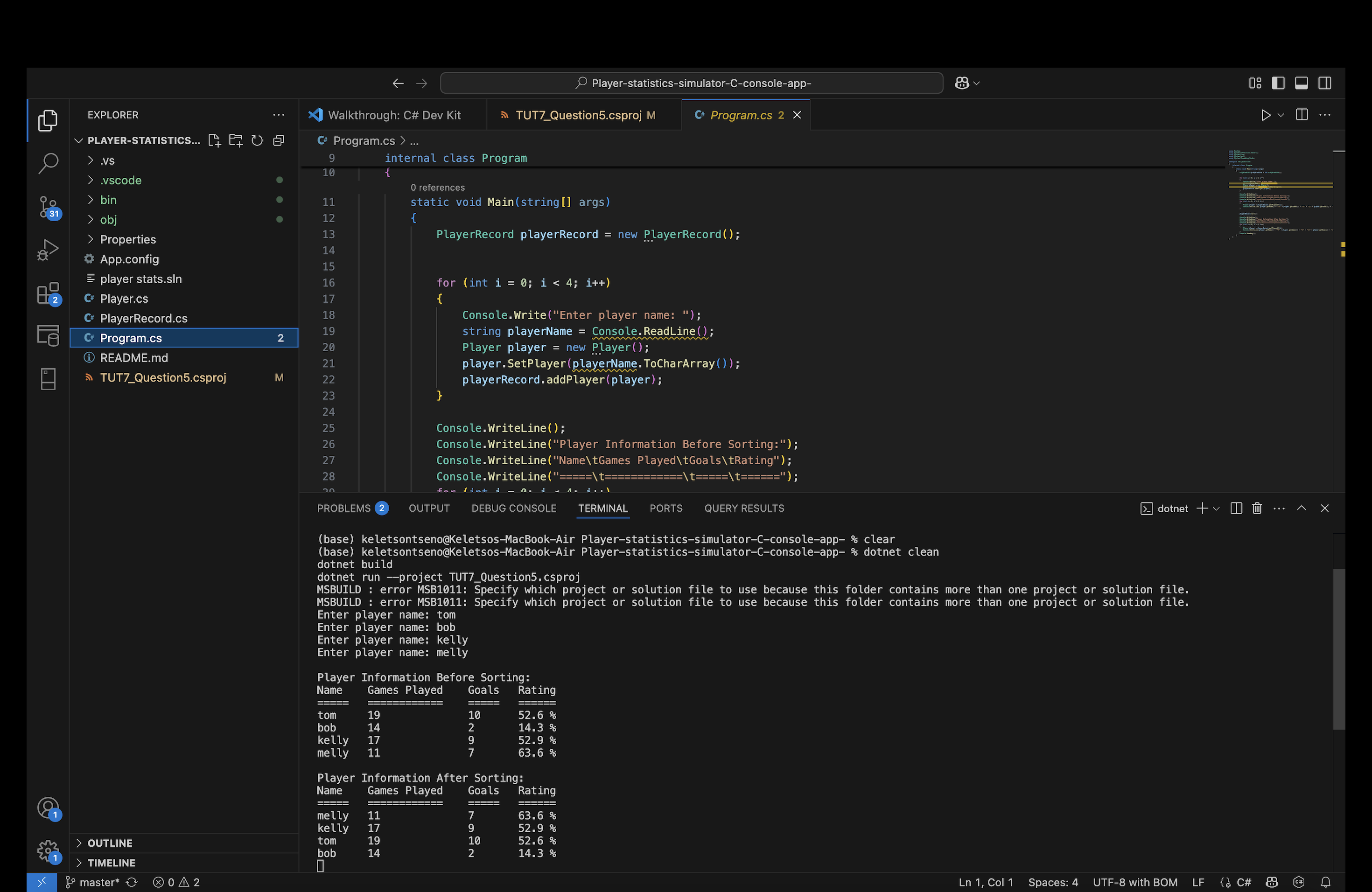 C# Player Stats Simulator